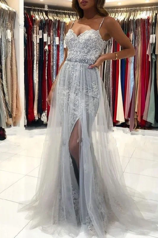 Sweetheart Silver Lace Prom Dresses Tulle with Beadings C298