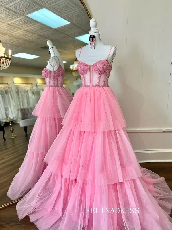 A-line Bubblegum Pink Ball Gown Spaghetti Straps Long Prom Dress SEW1150