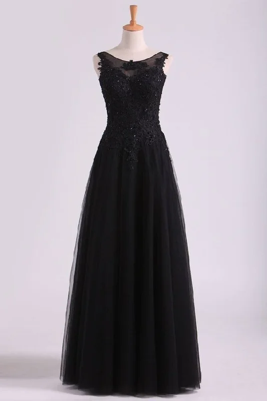 2024 Black Bateau Evening Dresses Tulle With Applique & Beads Floor PJBPXM3T