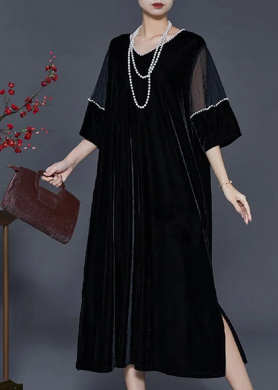 Women Black Oversized Patchwork Nail Bead Silk Velvet Dress Spring