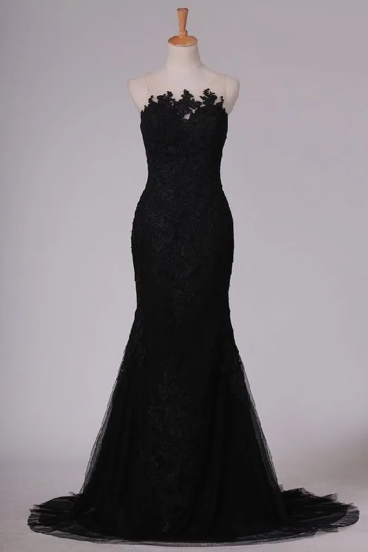 2024 Black Evening Dresses Scoop Tulle With Applique Sweep Train PFGCDS9G