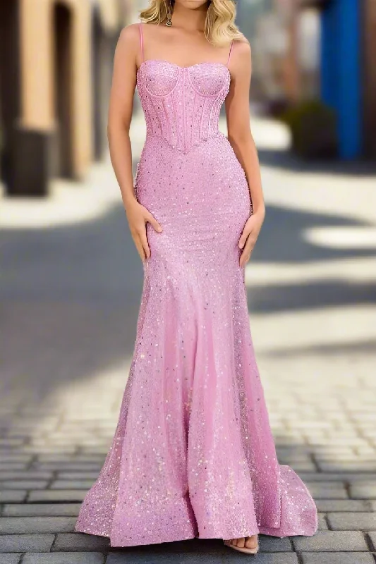 Mermaid Sweetheart Spaghetti Straps Sequins Long Prom Dress