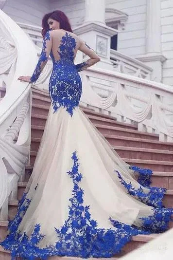 Mermaid Royal Blue Scoop Appliques Tulle Prom Dresses Long Evening STI20464