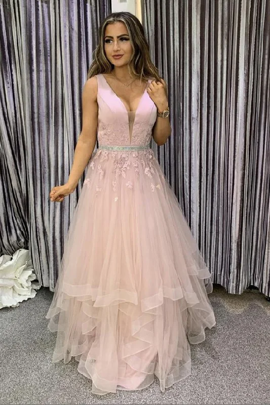 Pink tulle lace long A line prom dress evening dress      cg23551