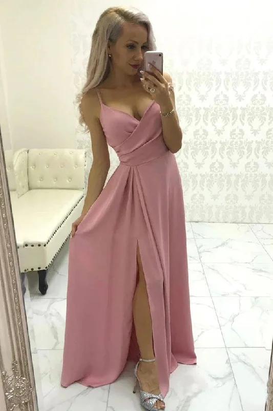 Simple Spaghetti Straps V Neck Ruffles Prom Dress with Pleats, High Slit Evening Dress STI15533 Simple Spaghetti Straps V Neck Ruffles Prom Dress with Pleats, High Slit Evening Dress STI15533