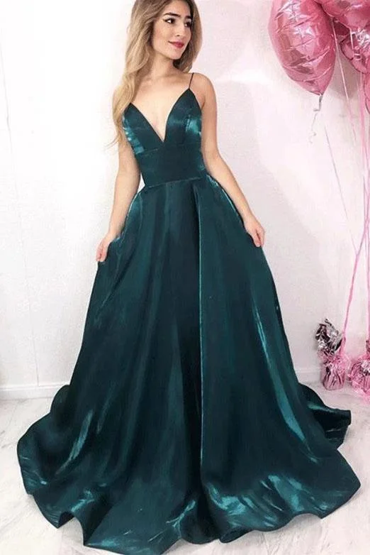 Long Green Spaghetti Straps V Neck Satin Prom Dresses, Evening Party STI20422