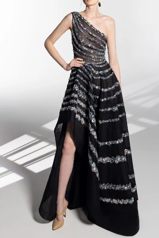 One shoulder asymmetric, beaded dress