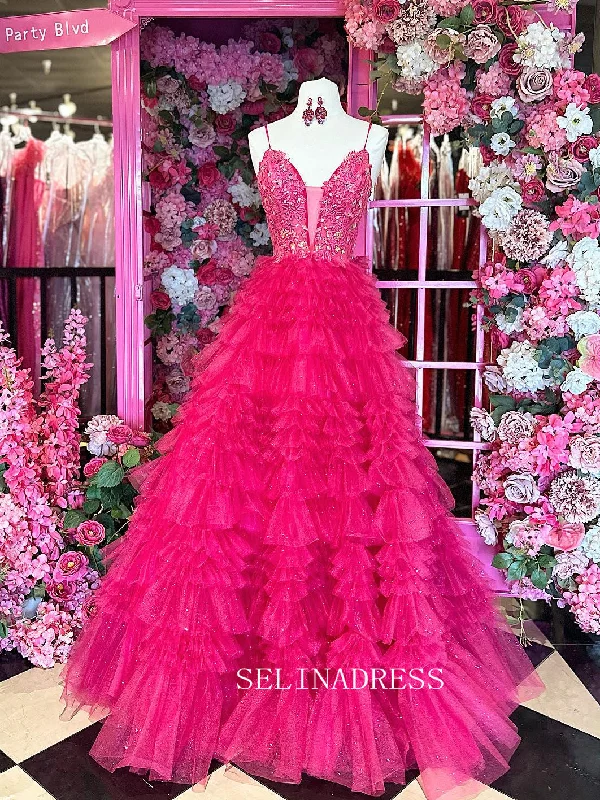 Spaghetti Straps Applique Lace Ball Gown Tiered Tulle Long Prom Dress SEW1252