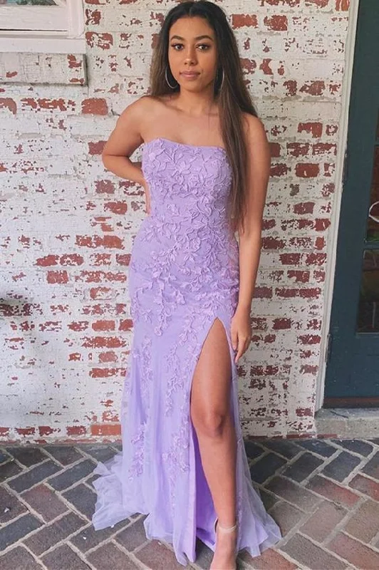 Strapless Mermaid Long Lavender Lace Prom Dress with Slit  C522