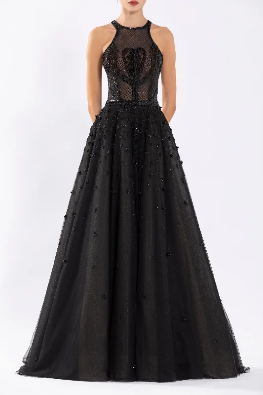 Tulle beaded dress with halter neckline