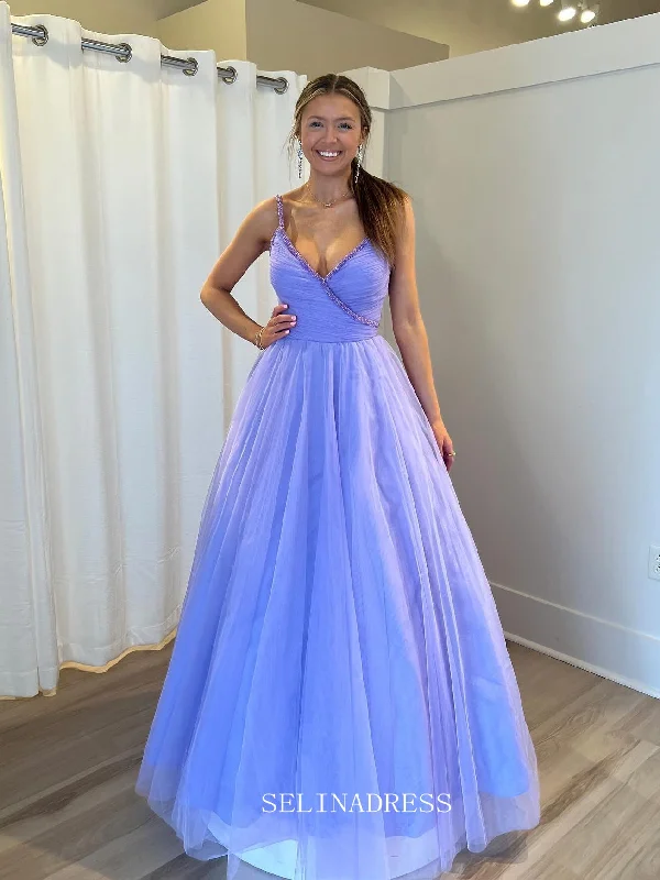 A-line V neck Lavender Ball Gown Tulle Long Prom Dress sew1098