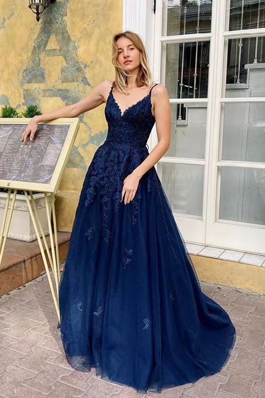Elegant Blue V Neck Lace Long Prom Dresses Spaghetti Straps Evening STI20485