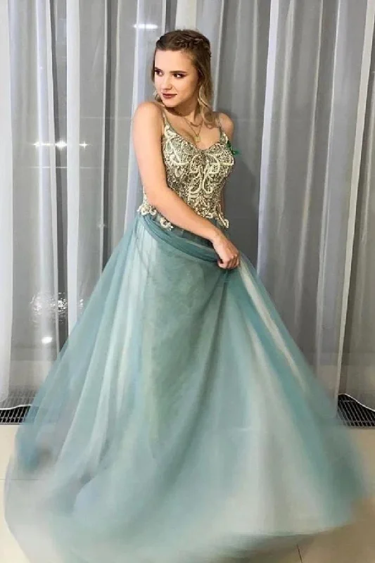A-Line Spagahetti Straps Sweetheart Beades Long Prom Dresses Evening STIPQTT3PE6