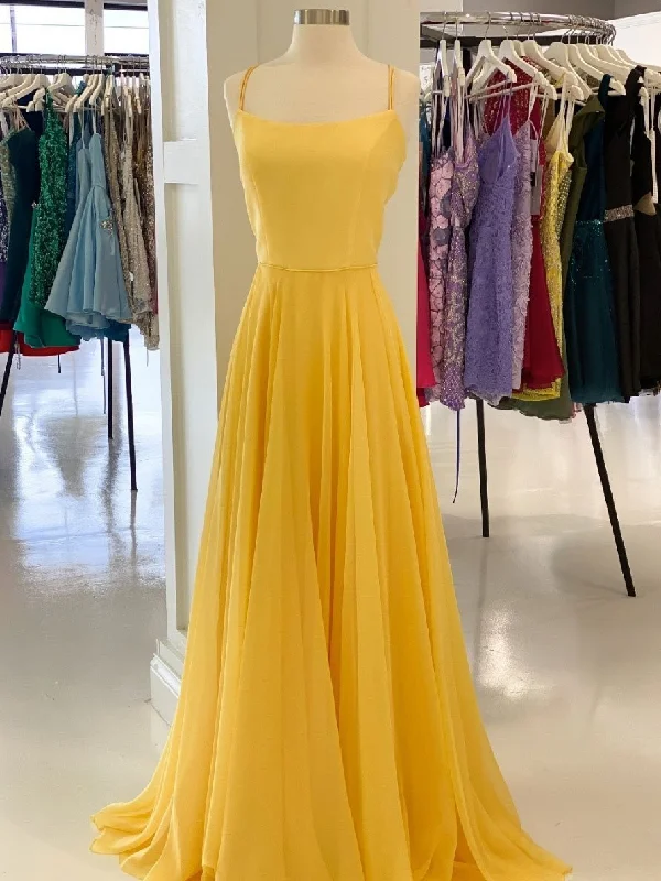 Simple yellow chiffon long prom dress, yellow formal dress    nv12