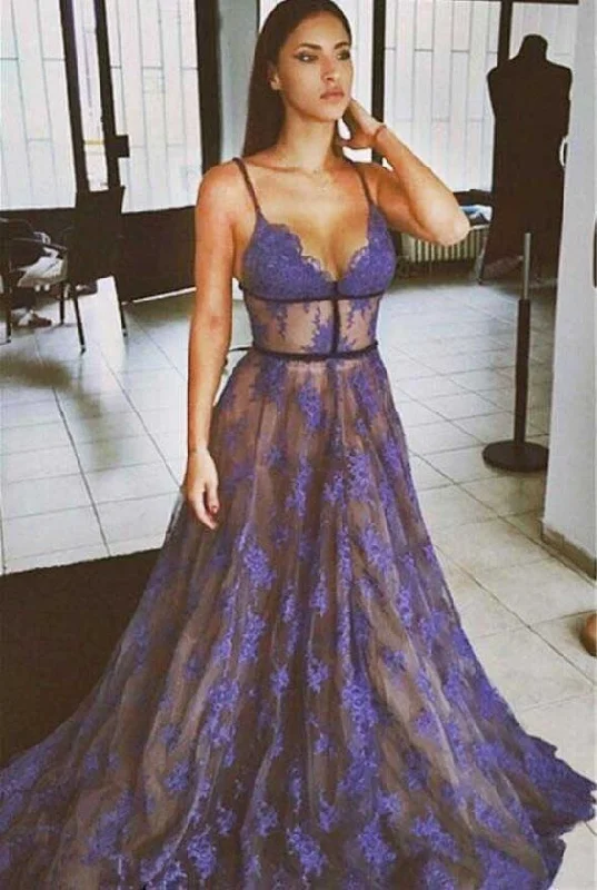 Purple Lace Prom Dresses Spaghettis Straps Nude Lining Long Sexy Evening Gowns C223