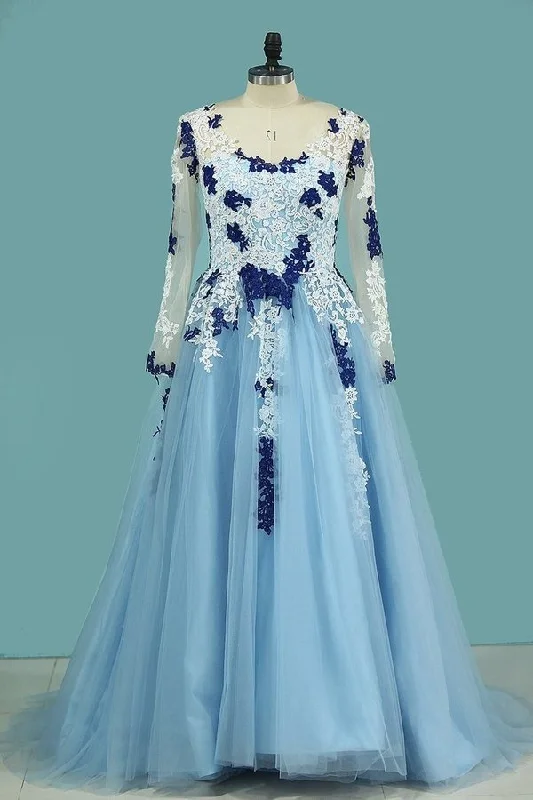 2024 Elegant Evening Dresses V-Neck Tulle With Applique Long Sleeves PHCE6DFK