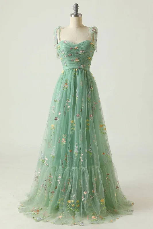 Dusty Sage Bow Tie Shoulder Appliques A-line Long Prom Dress