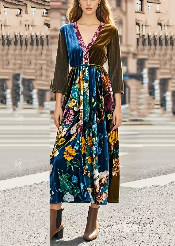 Silm Fit V Neck Patchwork Print Silk Velvet Cinched Dresses Spring