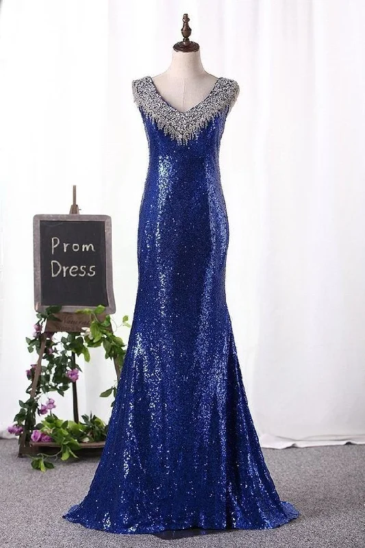 2024 Bling Bling Evening Dresses Mermaid V Neck Sequins Lace With Rhinestones PQ52Z6EE