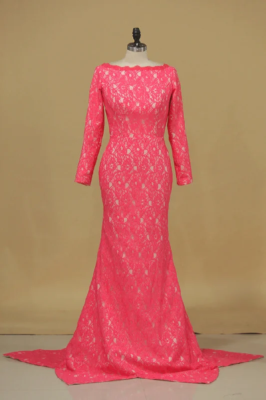 2024 Evening Dresses Bateau Long Sleeves Lace Court Train P672QJSD