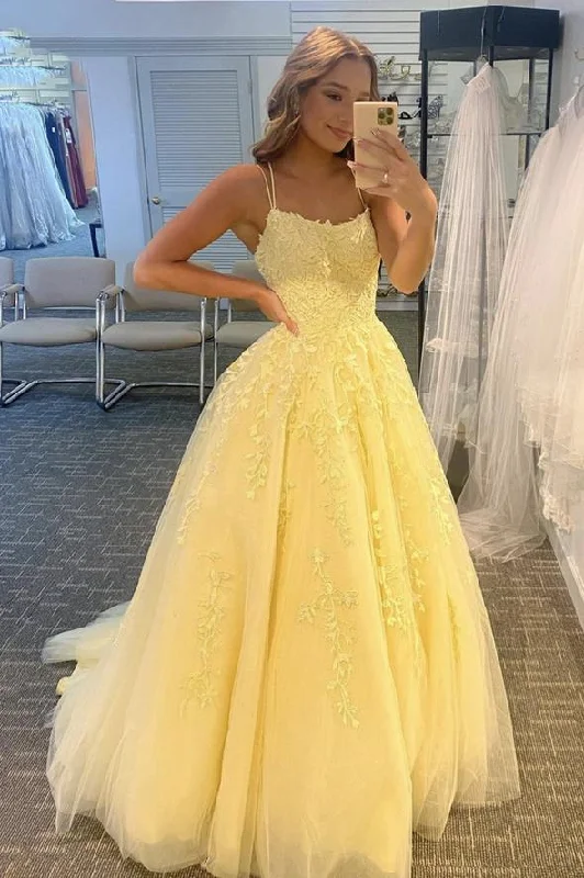 Yellow lace long A line prom dress lace evening dress      nv05