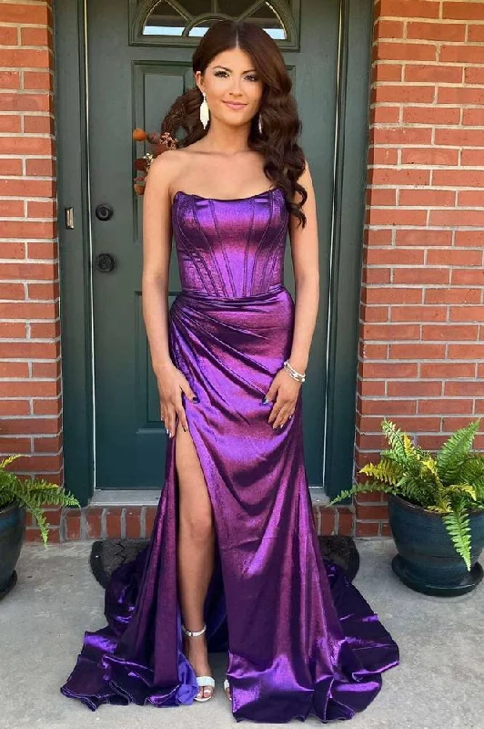 Bateau Strapless Empire Ruched Mermaid Prom Dress