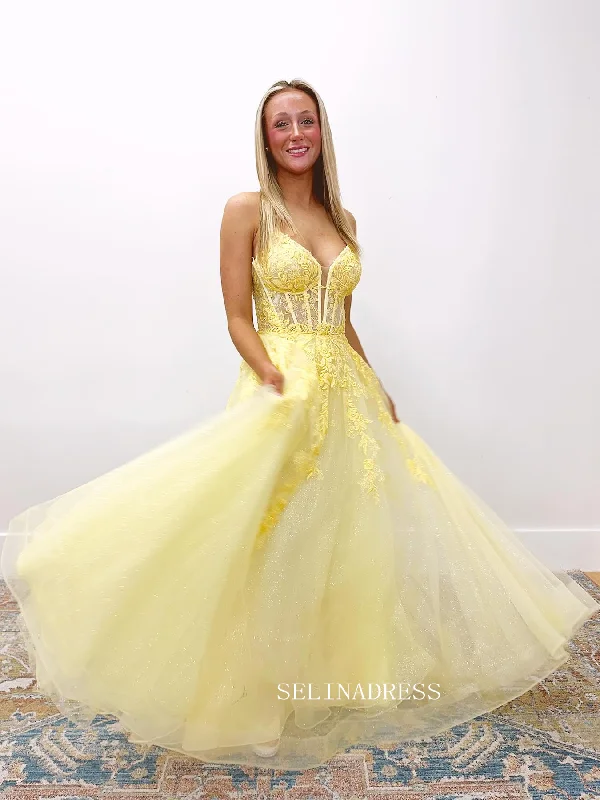 A-line Spaghetti Straps Yellow Sparkly Lace Long Prom Dress sew1069