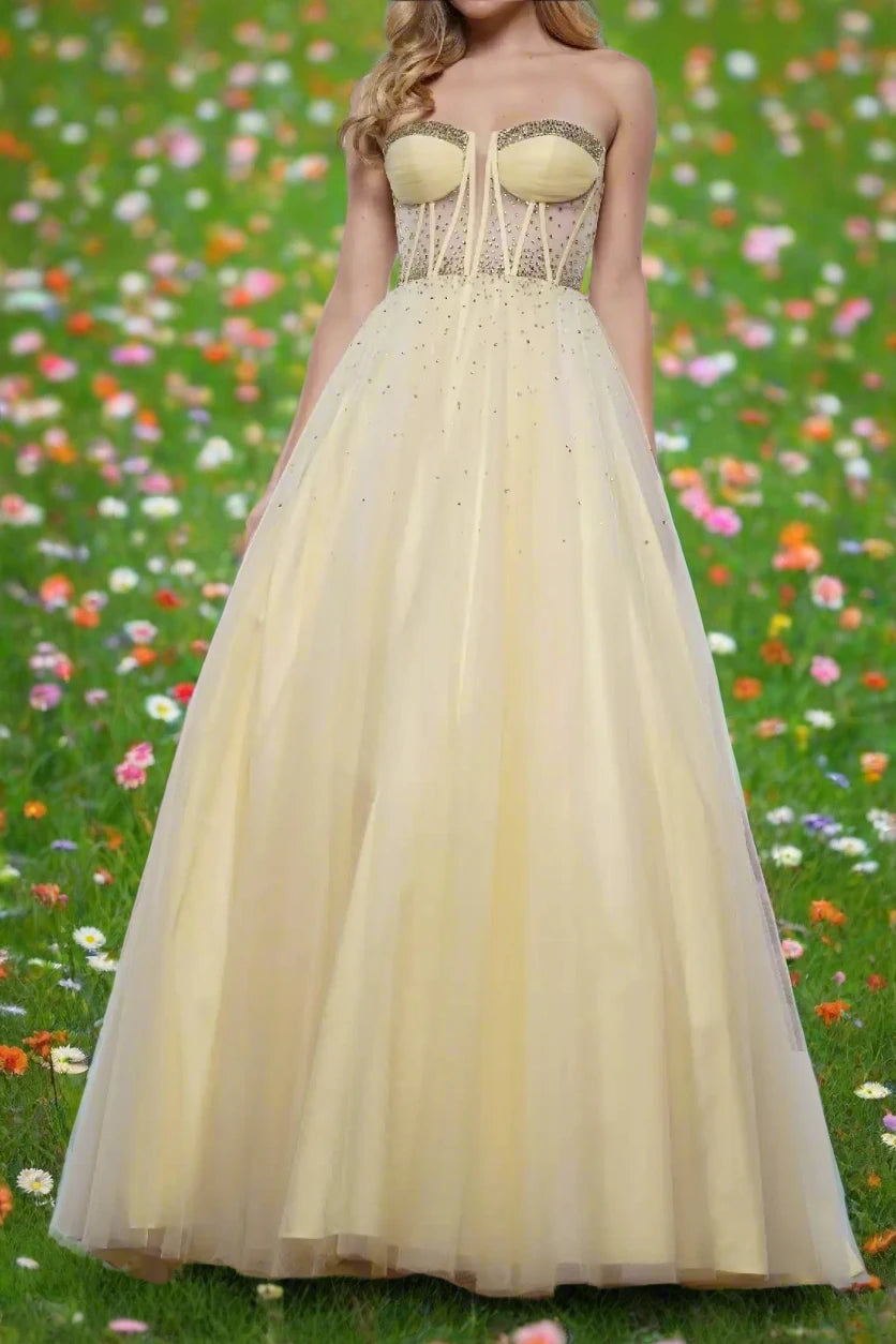 Sweetheart Strapless Beaded Tulle A-Line Party Prom Dress