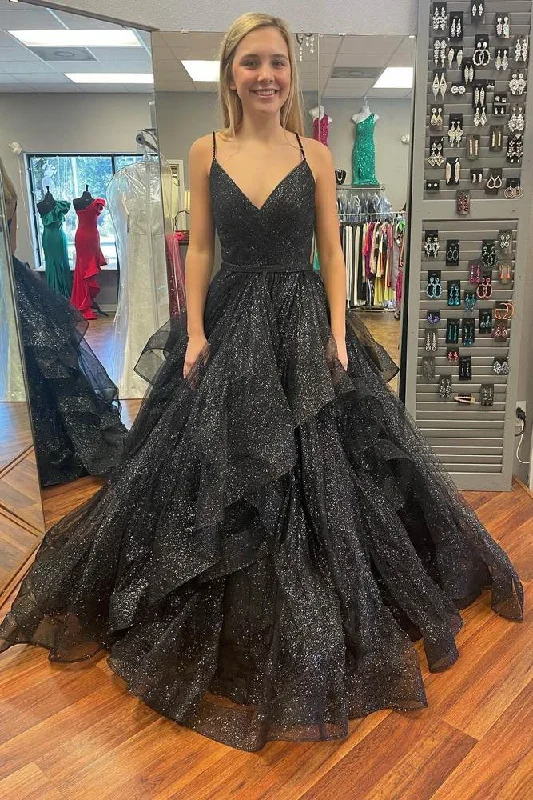 Glitter Tulle A-Line V-Neck Sleeveless Long Party Prom Dress