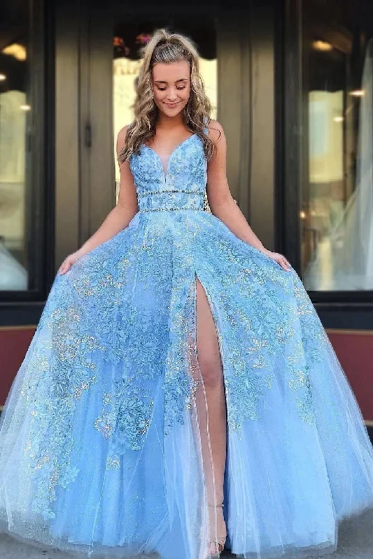 Elegant A Line Lace Appliques Blue V Neck Prom Dresses, Long Evening STI15635