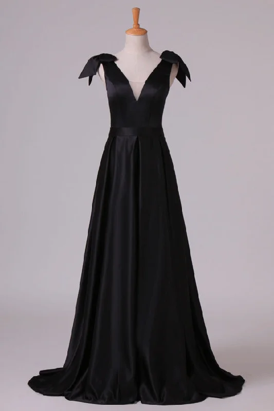 2024 Deep V-Neck Evening Dresses A-Line Satin With Bow-Knot & PKC7Q35C