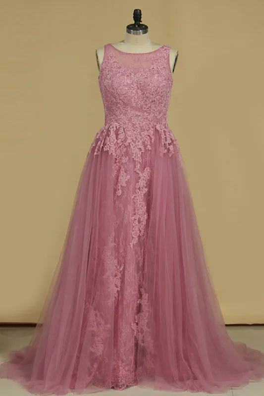 Sheath Scoop Lace & Tulle Evening Dresses With Applique Sweep STIPGL3MA6T