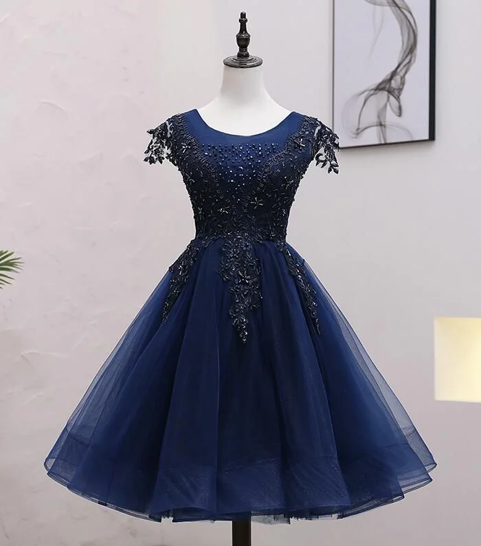 Navy Blue Tulle Beaded Knee Length Cap Sleeves Prom Dress, Blue Homecoming Dress cg25019 Navy Blue Tulle Beaded Knee Length Cap Sleeves Prom Dress, Blue Homecoming Dress cg25019