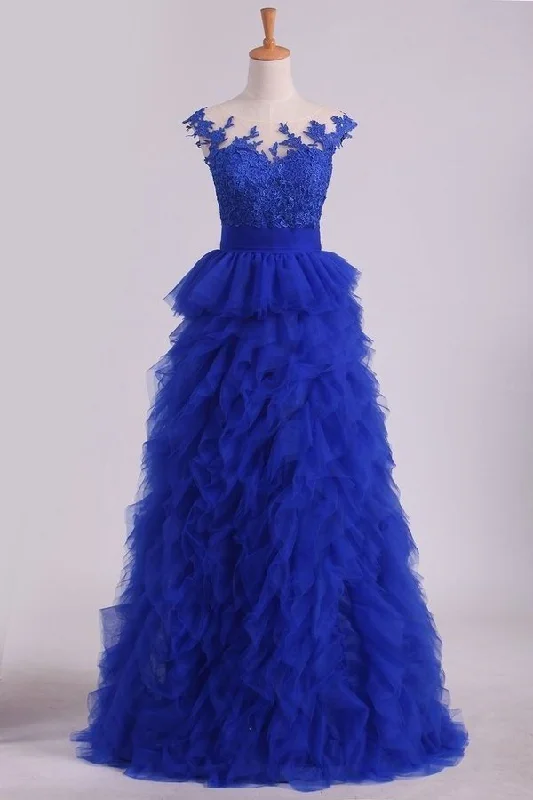 2024 Dark Royal Blue Bateau A Line Evening Dresses With Applique PQ2M2EJ8