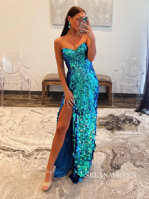 Blue Sequins Mermaid Sweetheart Long Prom Dress With Split SEW1257