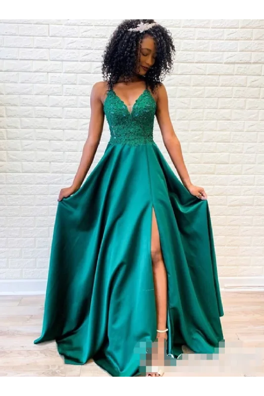 Spaghetti Straps Evening Dress Appliqued Bodice V Neck Long Prom STIPP46R37D