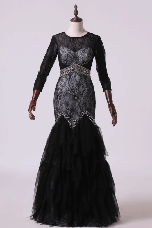 2024 Black Mermaid Evening Dresses Scoop Open Back Long Sleeves Tulle & Lace With PK5DE6KN 2024 Black Mermaid Evening Dresses Scoop Open Back Long Sleeves Tulle & Lace With PK5DE6KN