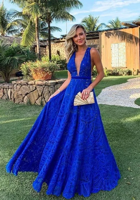 Royal Blue V-neck A-line Lace Prom Dresses C908