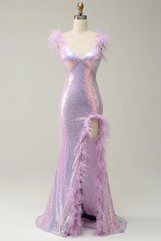 Lilac Mermaid V-neckline Backless Sparkly Slit Long Prom Dress