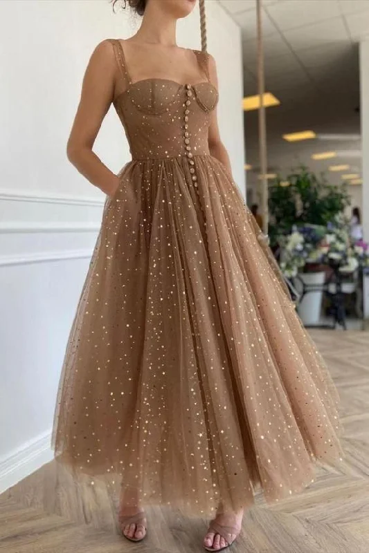 Sparkle Brown Tulle Tea Length Prom Dress      cg23439