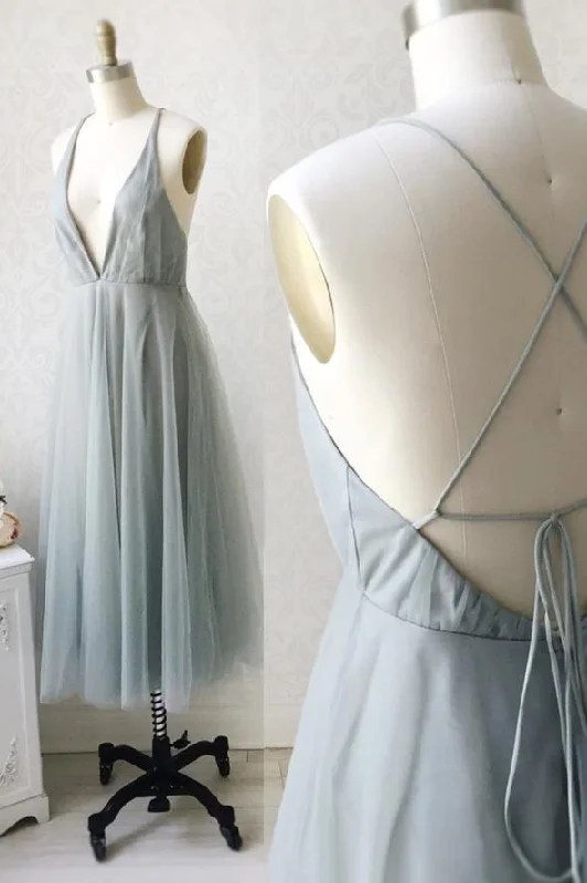 Simple v neck tulle short A line prom dress evening dress       cg23404