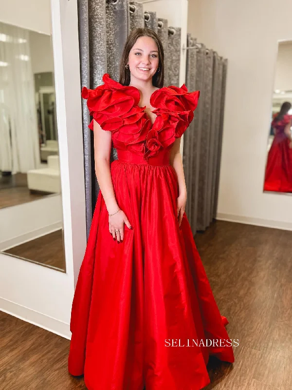 A-line V neck Taffeta Red Long Prom Dress Evening Dress Long Prom Dress SEW1125
