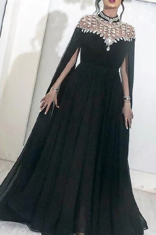 black beading long formal evening prom dress with long sleeves         cg23473