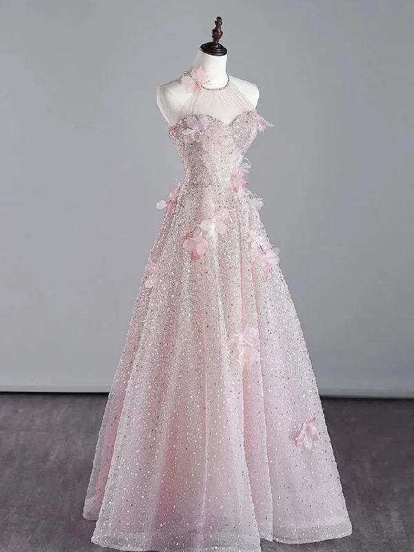 Pink Halter Shiny Tulle Long Prom Dress, Pink Tulle Evening Dress with Flowers      cg25052