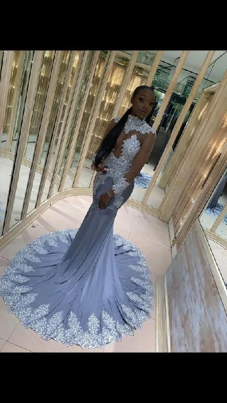 Mermiad Blue Lace Prom Dress With Sleeves C824