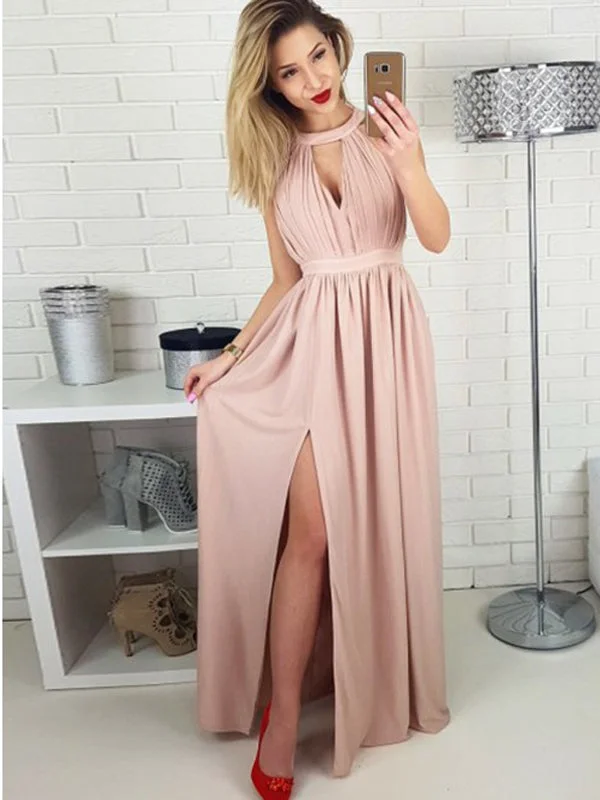 Gorgeous Pink Halter Key Hole Side Slit Unique Back Design Long Evening Prom Dresses, SW0060