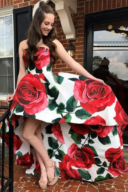 A Line Strapless High Low Red Rose Floral Satin Prom Dresses, Long Evening Dress STI15556 A Line Strapless High Low Red Rose Floral Satin Prom Dresses, Long Evening Dress STI15556