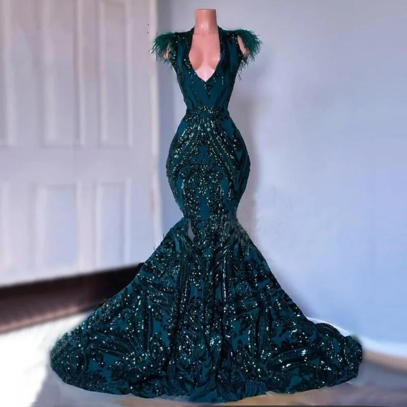 African Black Girls Court Train Feather V Neck Sexy Formal Party Gowns prom dress       cg23460