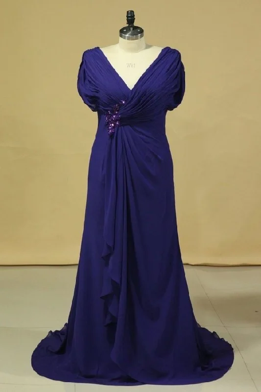 2024 Elegant V Neck Evening Dresses Chiffon Sweep Train With PAKR3A6D