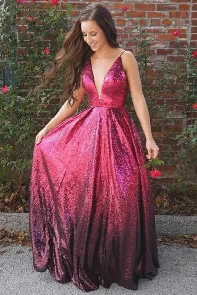 A-Line Spaghetti Straps Fuchsia V Neck Sequins Prom Dresses, Long Evening STI20476